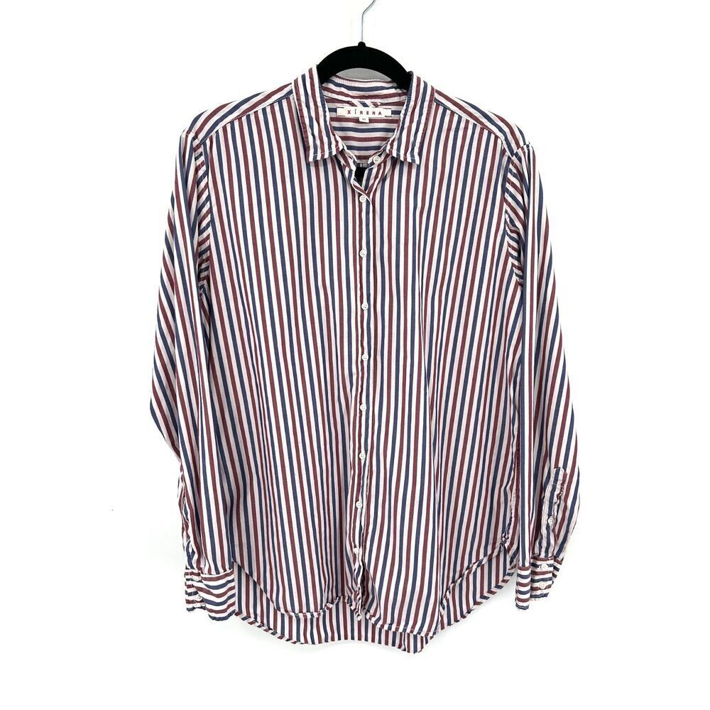 XIRENA Women's Pink Blue Striped Relaxed Cotton Long Sleeve Button Up Shirt XS
